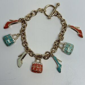 Gold Tone Enamel Rhinestone Coral Turquoise Pump Shoe & Handbag Charm Bracelet